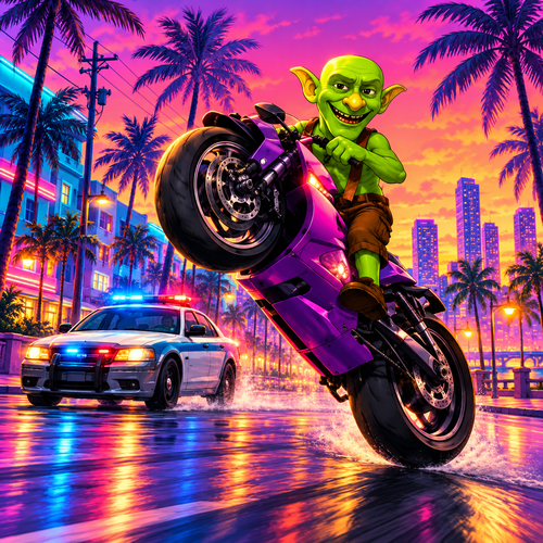 Goblin pulling wheelies downtown