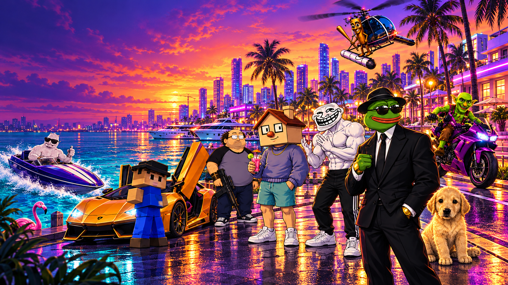 Neon trench city skyline with meme crew energy